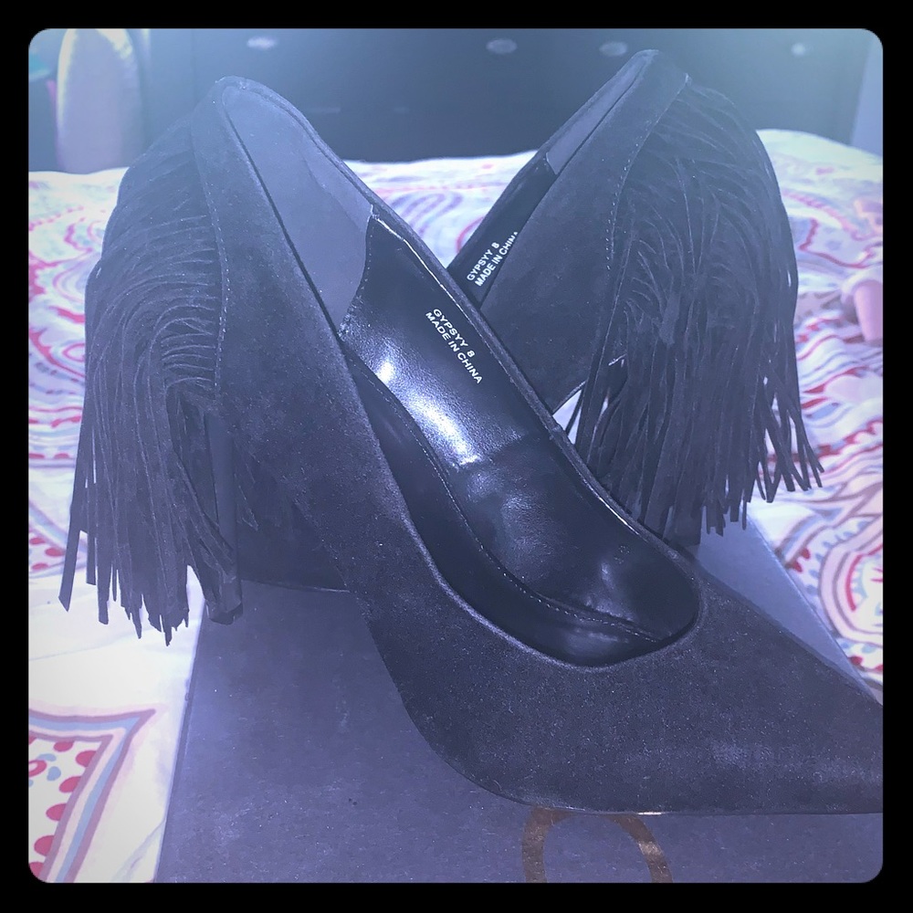 Black Suede Pumps with Fringe Heel